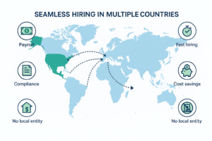 "Infographic showing how Employer of Record enables fast and compliant international hiring without setting up foreign subsidiaries."