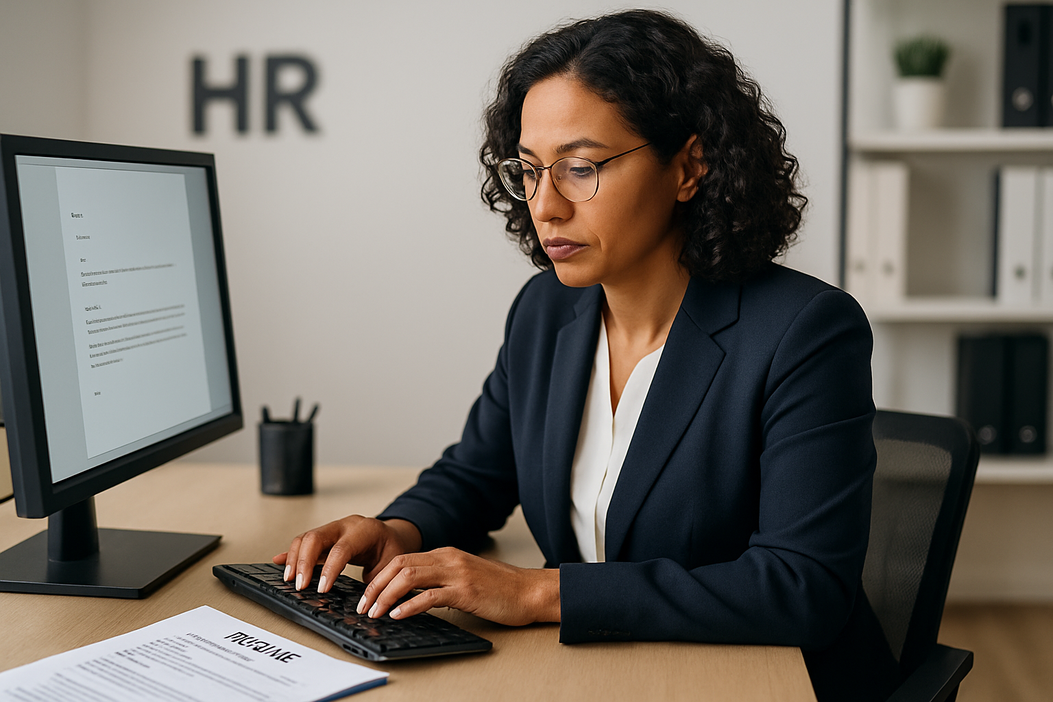 HR professional writing an employee recommendation letter in a modern office