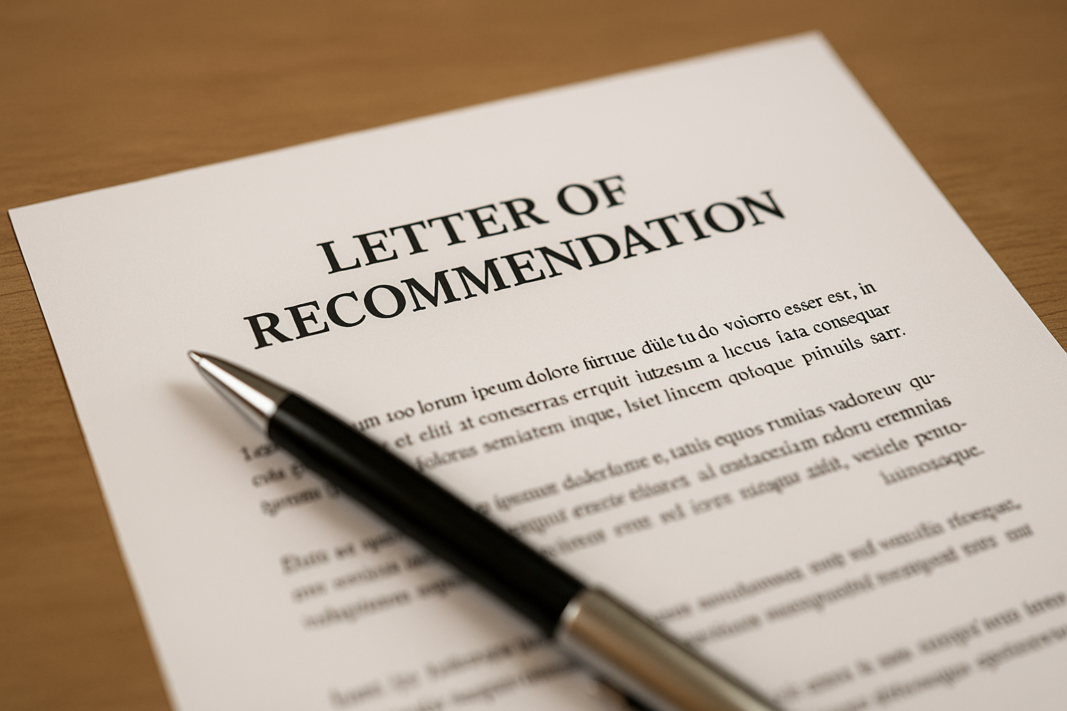 Formal letter of recommendation on wooden desk with pen