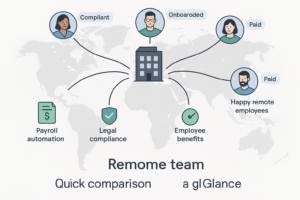 Infographic showing how an Employer of Record manages payroll, compliance, and onboarding for remote teams in multiple locations