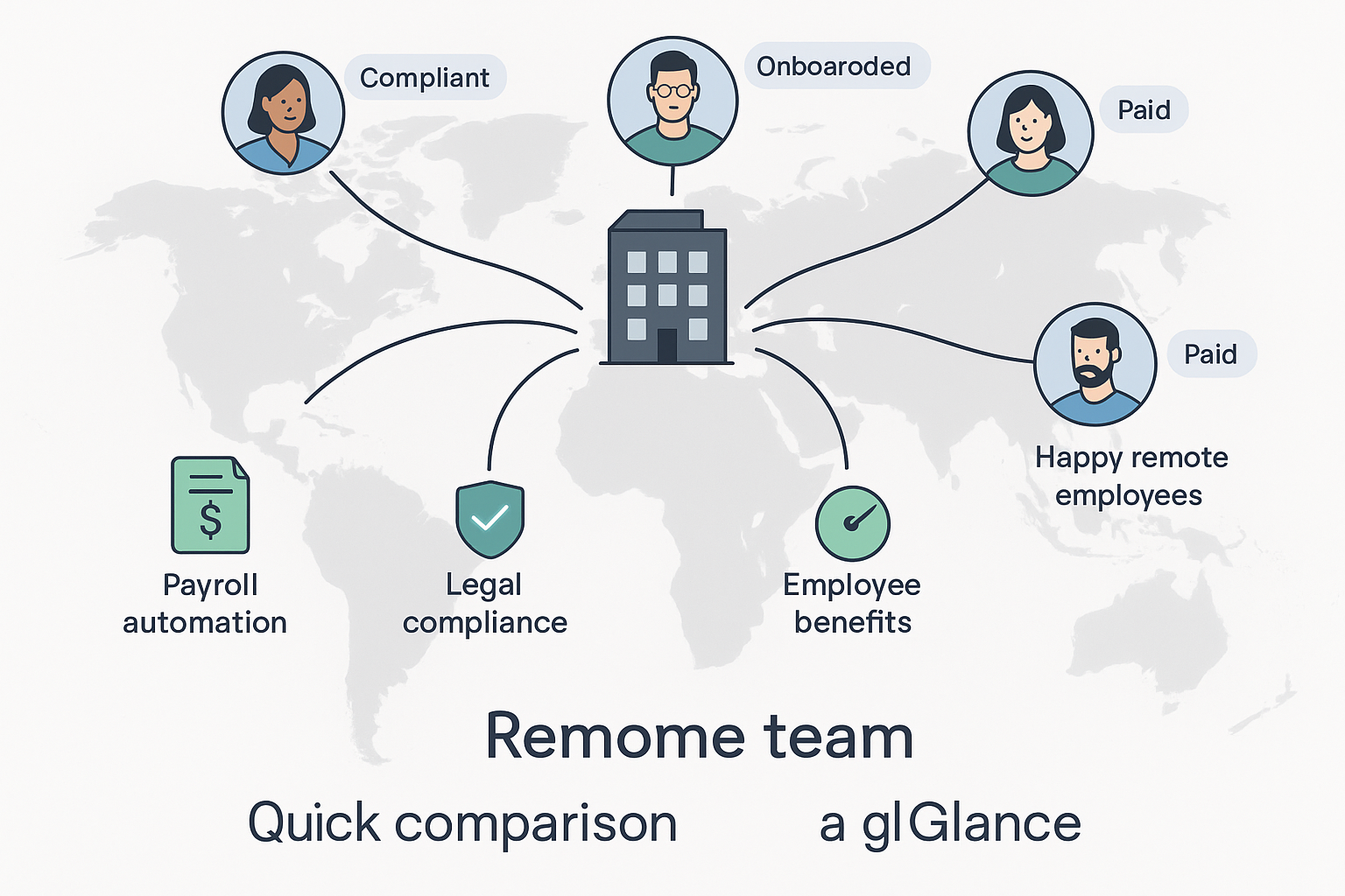 Infographic showing how an Employer of Record manages payroll, compliance, and onboarding for remote teams in multiple locations