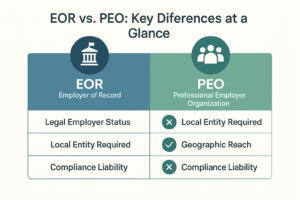Infographic comparing Employer of Record (EOR) and Professional Employer Organization (PEO) for HR compliance and international hiring