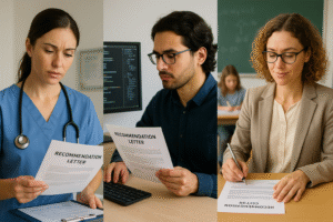 Professionals in healthcare, tech, and education reviewing industry-specific recommendation letters in their work settings