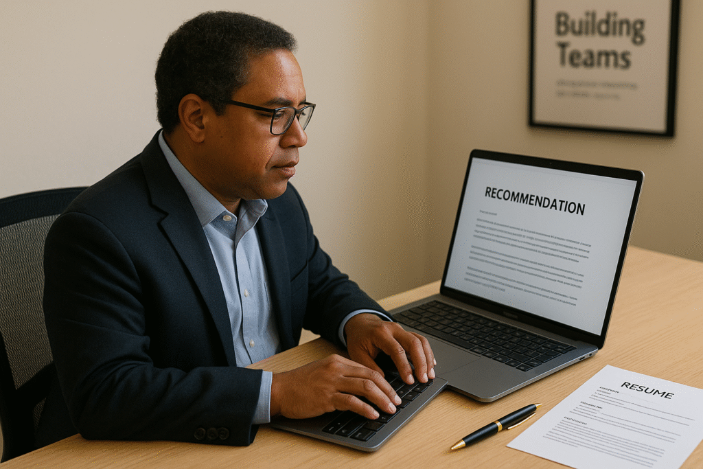 An HR professional reviewing printed job recommendation letter templates on a desk beside a laptop