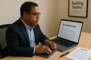 An HR professional reviewing printed job recommendation letter templates on a desk beside a laptop