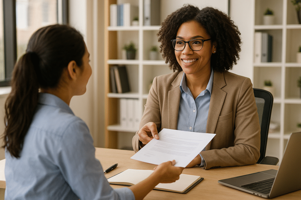 “Young job seeker requesting a letter of recommendation from a supportive manager in a professional office setting”