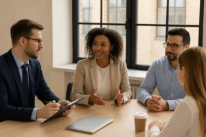 Diverse group of professionals discussing hiring strategy around a table in a modern Cambridge office