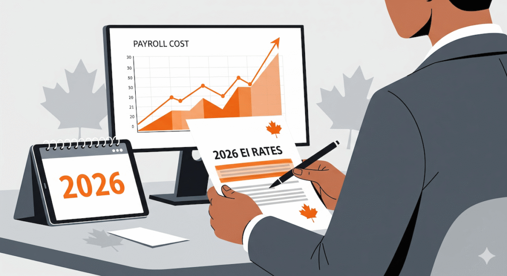 A graphic showing the 2026 EI rates for Canadian employers, with the employee rate at $1.63 and the employer rate at $2.28 per $100 of insurable earnings.