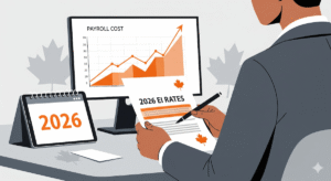 A graphic showing the 2026 EI rates for Canadian employers, with the employee rate at $1.63 and the employer rate at $2.28 per $100 of insurable earnings.