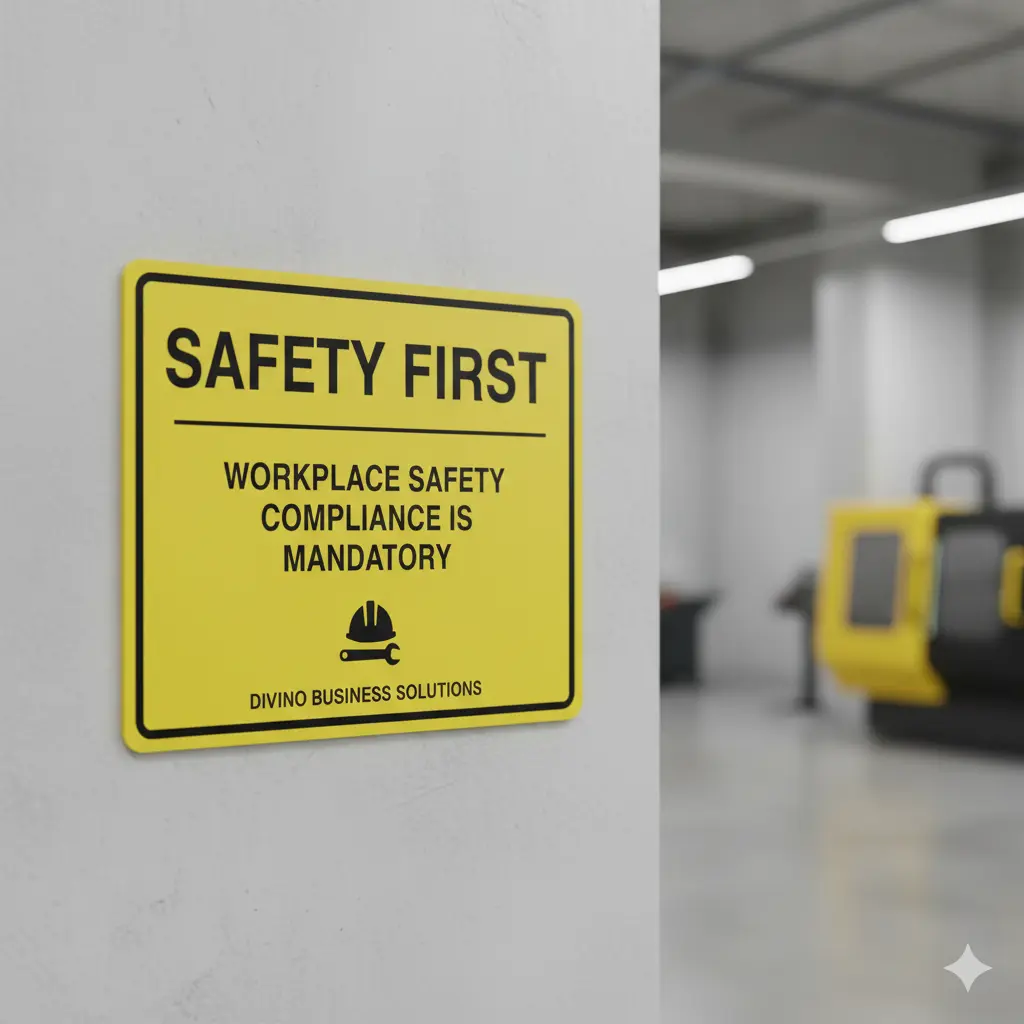 A sign reminding employees about the importance of workplace safety compliance in an Ontario business.