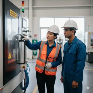 An Ontario supervisor providing training to prevent workplace safety violations by demonstrating proper machine guarding and OHSA compliance.