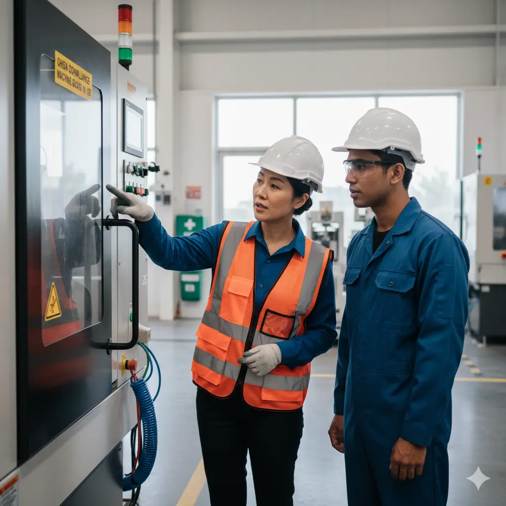 An Ontario supervisor providing training to prevent workplace safety violations by demonstrating proper machine guarding and OHSA compliance.