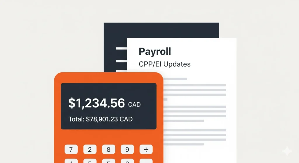 A calculator and a Canadian pay stub, illustrating the details of Canadian payroll compliance for 2025 and CPP2 changes.