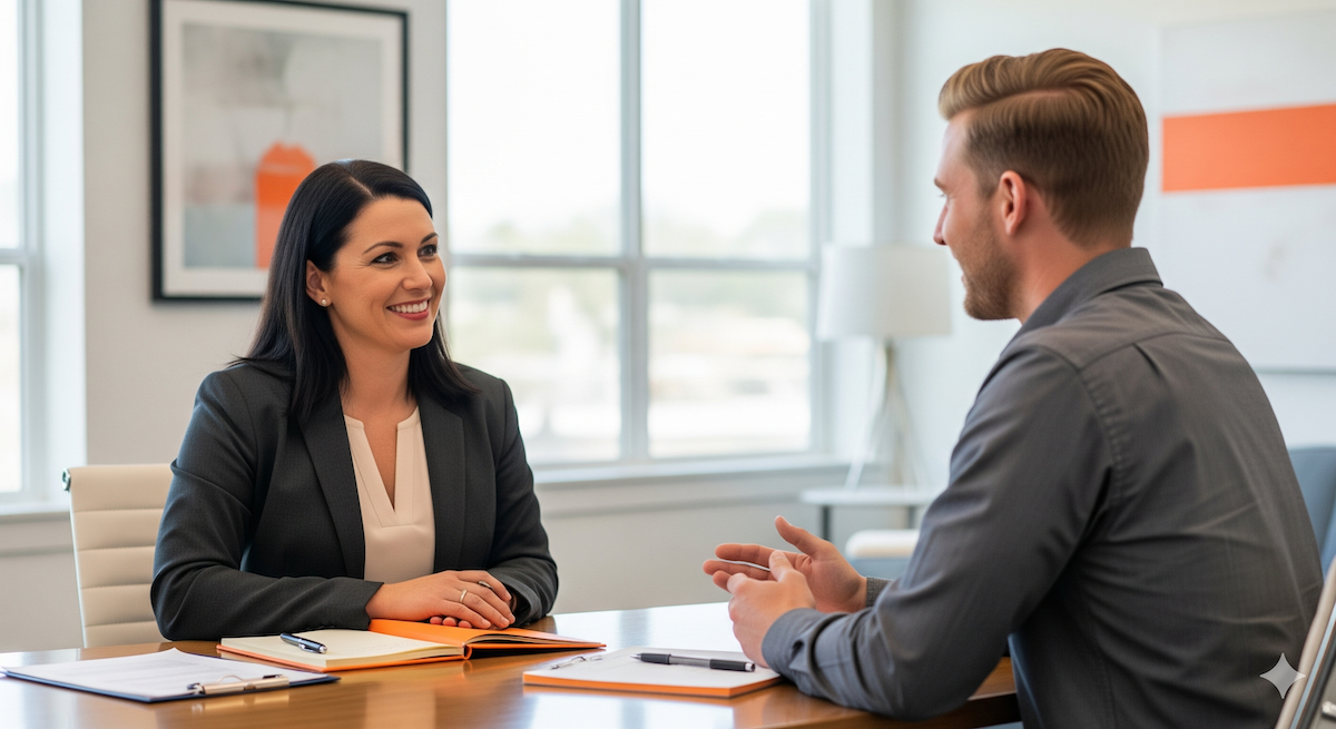 A manager and employee have a positive one-on-one meeting in a modern, professional office space.