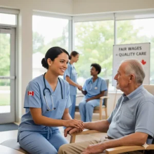 A caregiver supporting a senior, representing the impact of healthcare worker wages in Ontario on quality care.