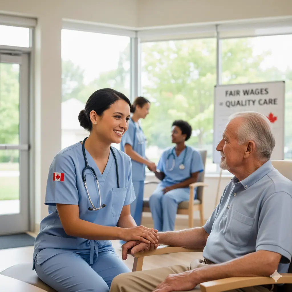 A caregiver supporting a senior, representing the impact of healthcare worker wages in Ontario on quality care.