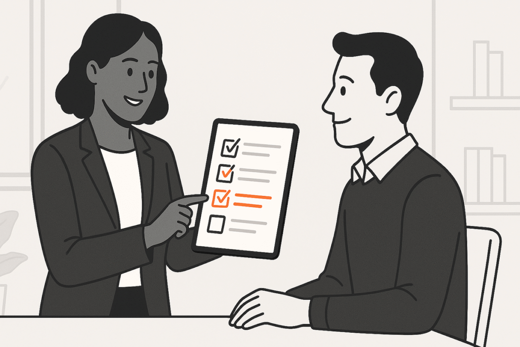 An HR professional reviews the new written information requirements for Ontario employers with a new hire on a tablet during the onboarding process.