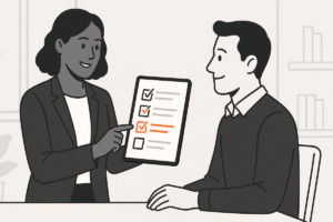 An HR professional reviews the new written information requirements for Ontario employers with a new hire on a tablet during the onboarding process.