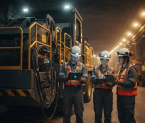 Mining industry labour shortage in Ontario — electricians and mechanics on site with supervisor discussing apprenticeship plan