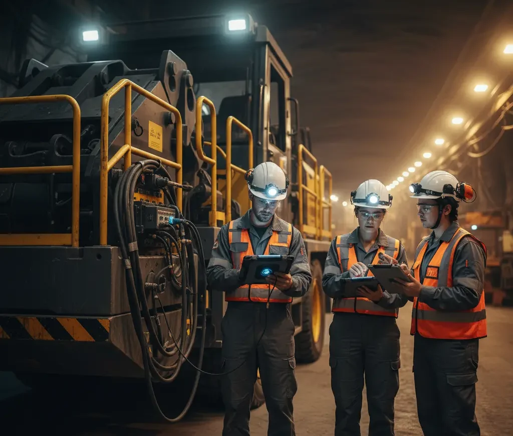 Mining industry labour shortage in Ontario — electricians and mechanics on site with supervisor discussing apprenticeship plan
