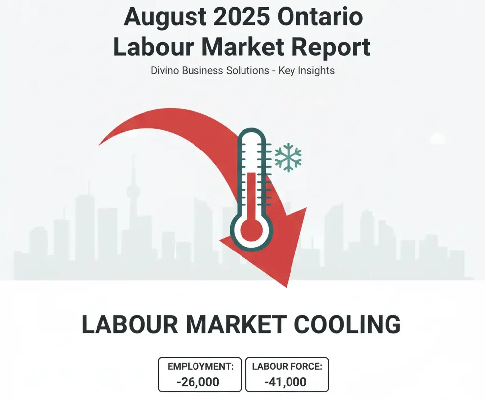 August 2025 Ontario Labour Market Report: Downward arrow over the Toronto skyline signaling a cautious outlook.
