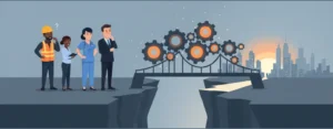 Illustration showing a diverse team bridging the skilled labour gap in Ontario toward a prosperous future.