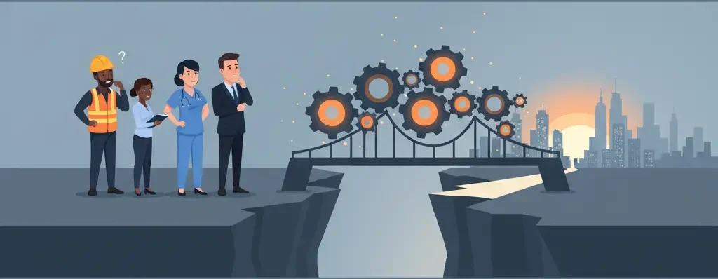 Illustration showing a diverse team bridging the skilled labour gap in Ontario toward a prosperous future.