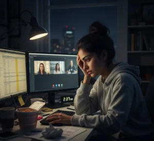 An employee showing signs of burnout while working late, illustrating the impact of Canadians working multiple jobs.