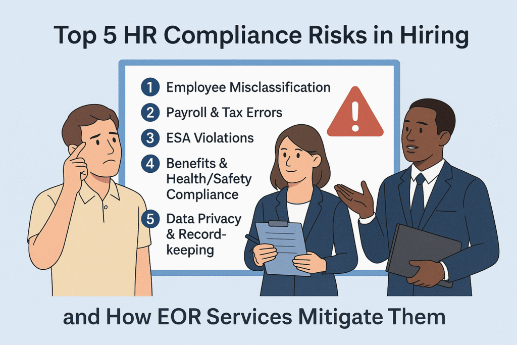 Infographic showing the top 5 HR compliance risks in hiring and how Employer of Record services mitigate them.