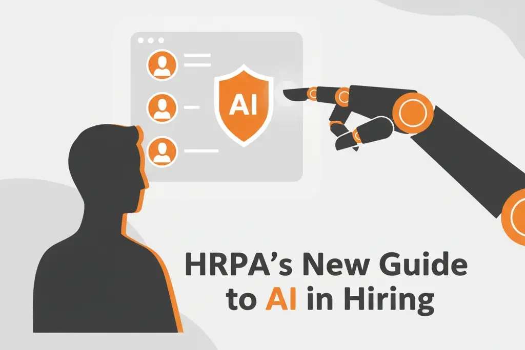 An HR professional and a robot working together, illustrating the ethical use of AI in hiring with proper human oversight.