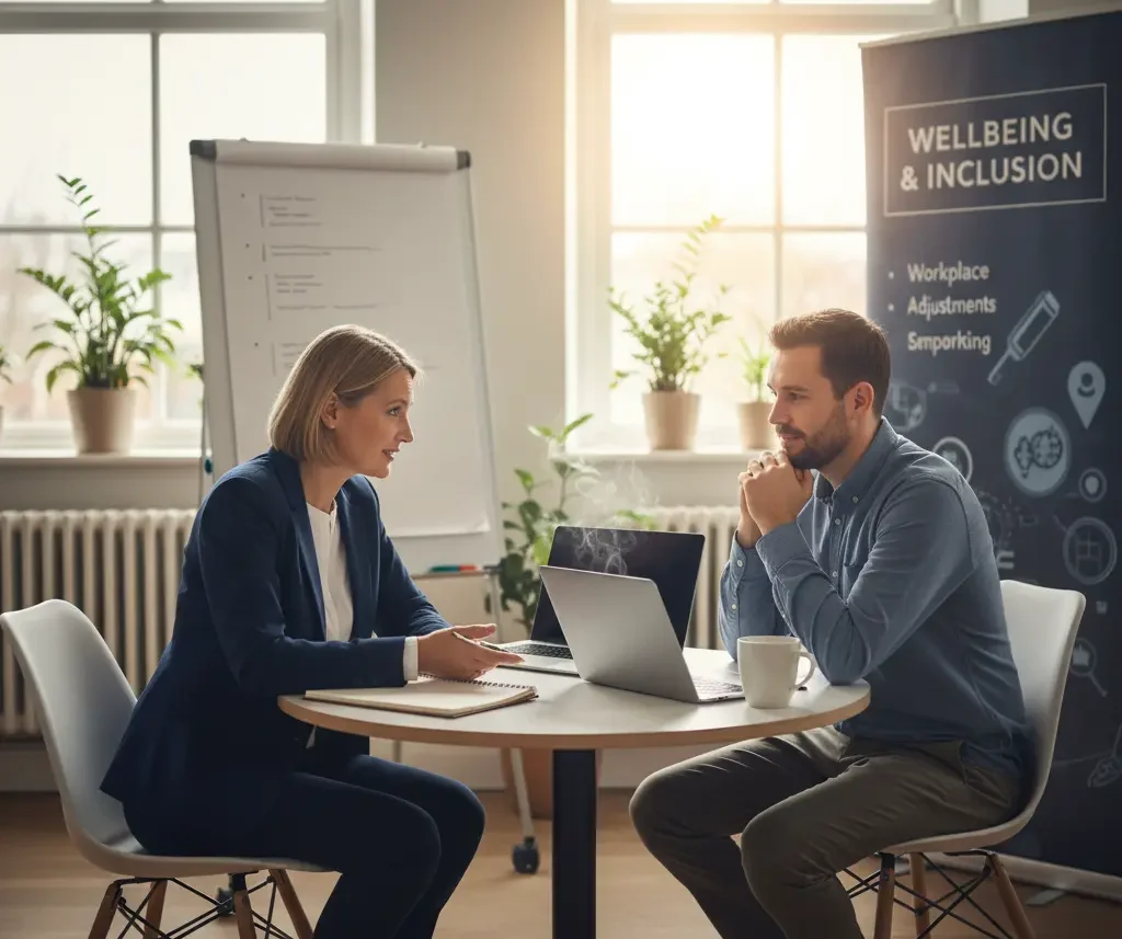 HR manager and employee discussing mental health accommodation in an Ontario workplace.