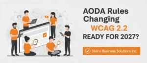An illustration of diverse people interacting with various digital devices around a large web browser interface, symbolizing AODA digital accessibility.