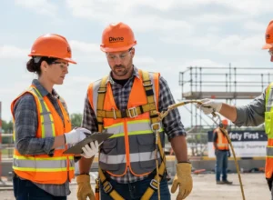 Two construction workers wearing full safety gear, including harnesses, during a construction site safety blitz in Ontario.