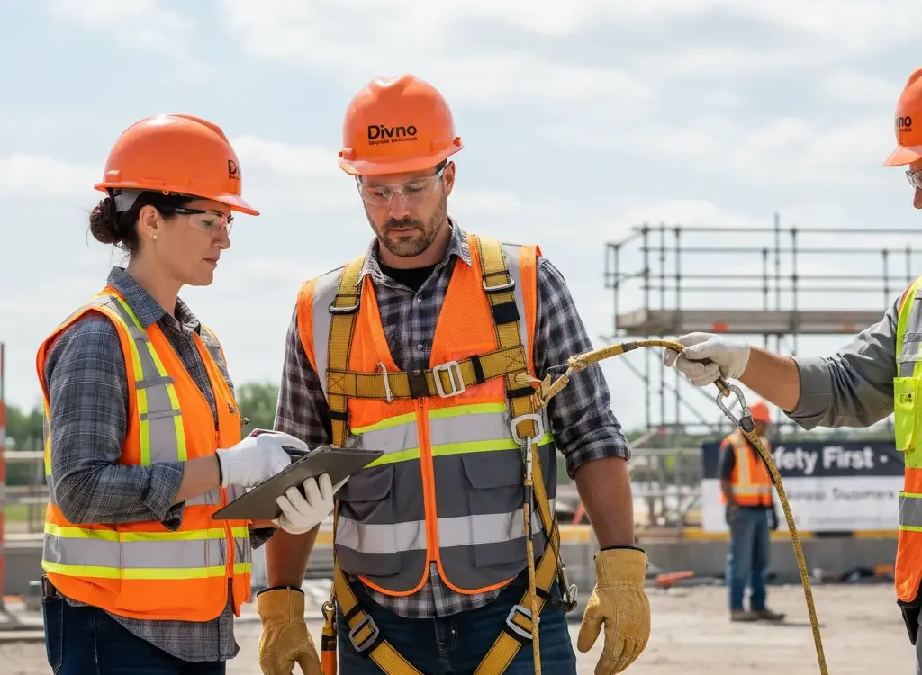 Two construction workers wearing full safety gear, including harnesses, during a construction site safety blitz in Ontario.