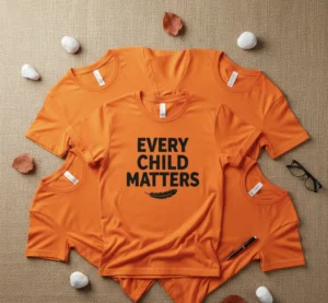 A flat lay of several orange shirts on a neutral background, with one shirt featuring the text "Every Child Matters"