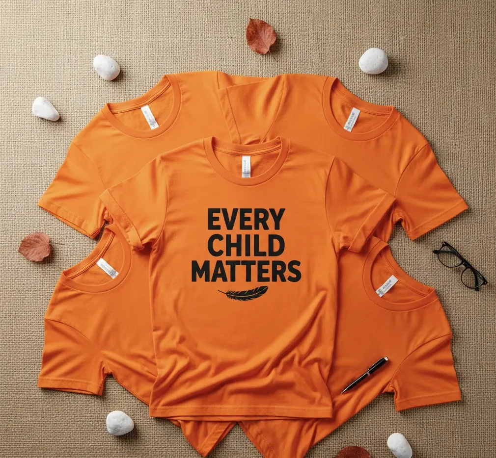 A flat lay of several orange shirts on a neutral background, with one shirt featuring the text "Every Child Matters"