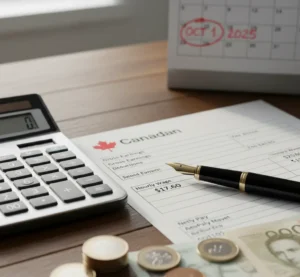 calculator rests on a Canadian pay stub, illustrating the Ontario minimum wage increase to $17.60 and the need for payroll compliance.