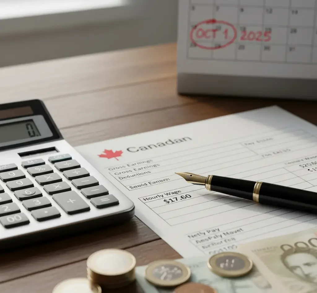 calculator rests on a Canadian pay stub, illustrating the Ontario minimum wage increase to $17.60 and the need for payroll compliance.