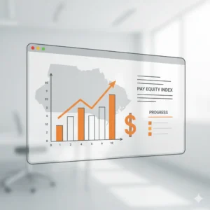 Professional illustration showing a chart over an Ontario map for pay transparency reporting Ontario compliance.