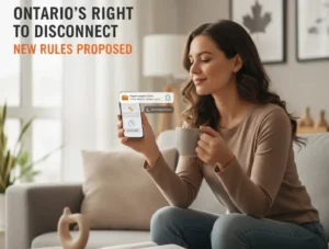 An employee exercising their Ontario Right to Disconnect by silencing work notifications on their smartphone to enjoy personal time, reflecting better work-life balance.