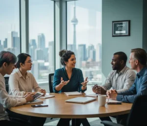 A diverse team discussing psychological safety and health in the workplace, demonstrating an inclusive and supportive environment.