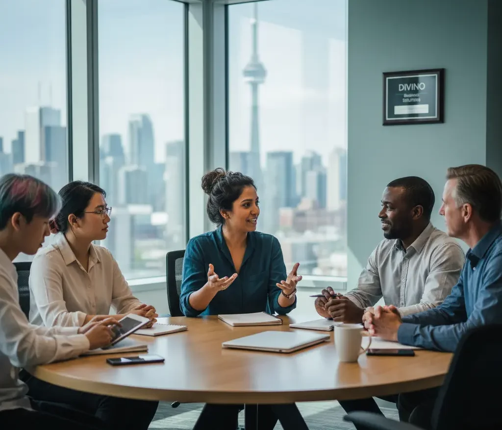 A diverse team discussing psychological safety and health in the workplace, demonstrating an inclusive and supportive environment.